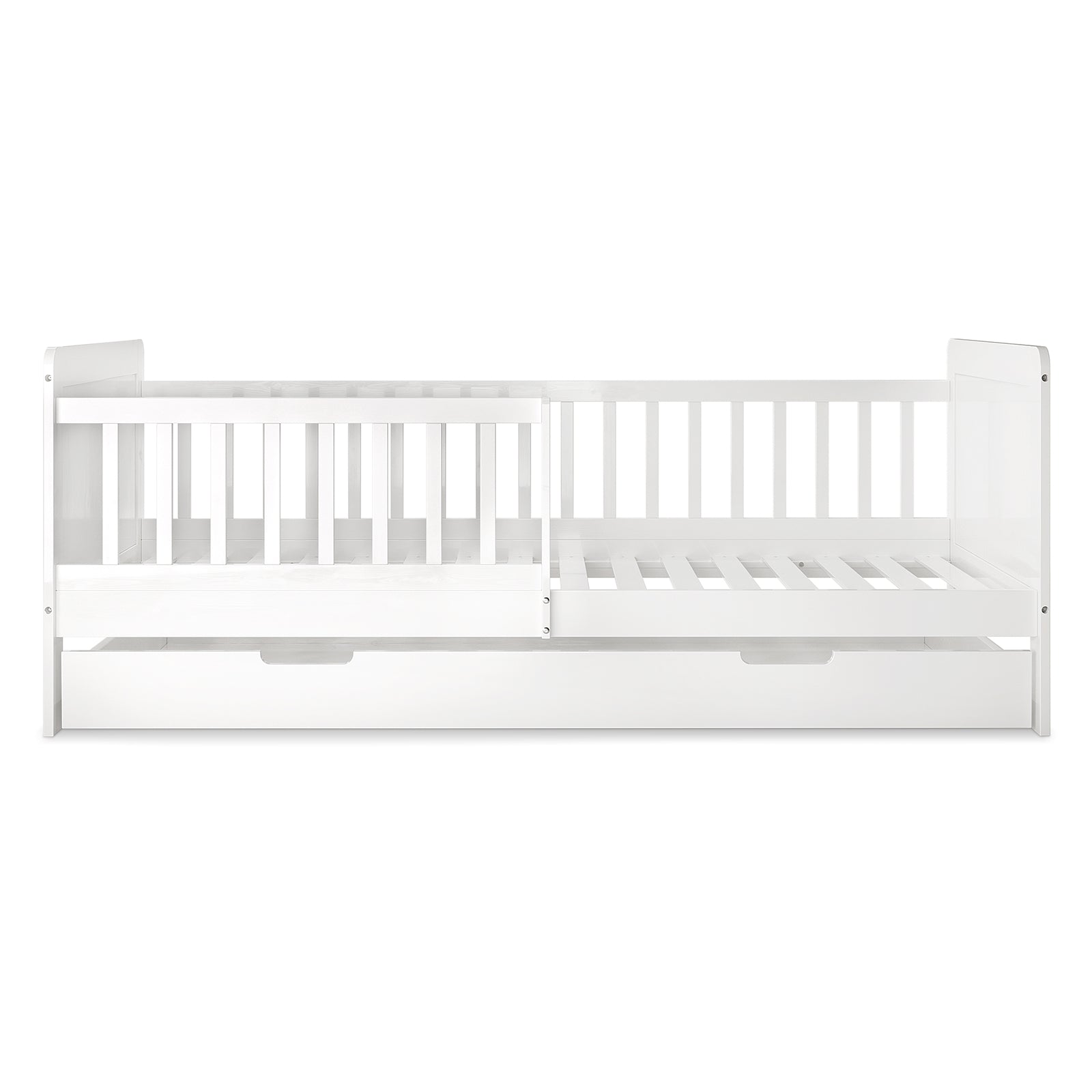 Zane Kids Solid Pine Timber Single Bed w/ Drawer - White, featuring a slatted design, partial safety rail, and built-in pull-out storage drawer, crafted from solid pine wood for durability and modern minimalist appeal.