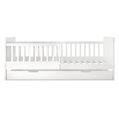 Zane Kids Solid Pine Timber Single Bed w/ Drawer - White, featuring a slatted design, partial safety rail, and built-in pull-out storage drawer, crafted from solid pine wood for durability and modern minimalist appeal.