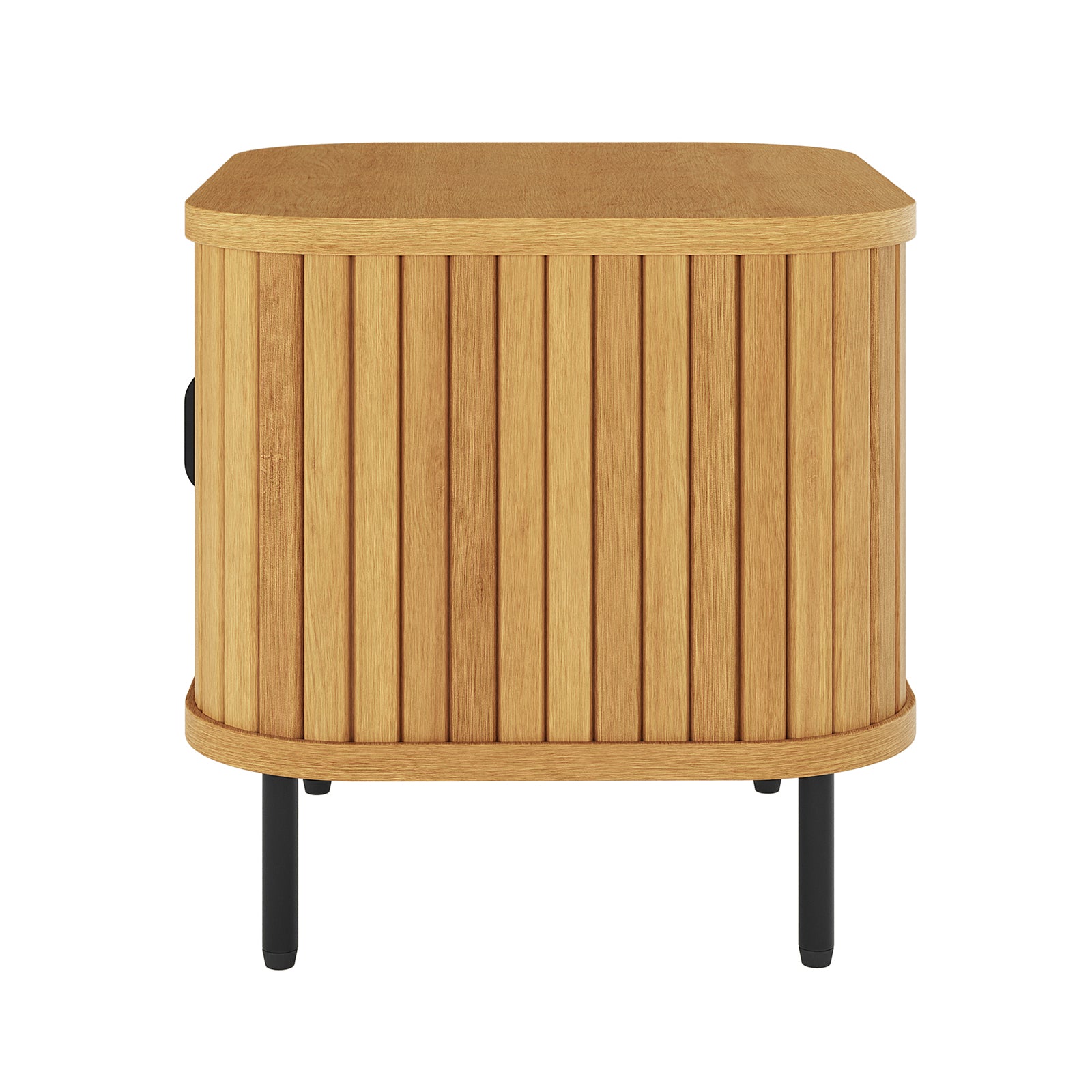 Aaron 50cm Bedside Table with Sliding Doors - Natural features a compact design with a light-toned tambour front, sleek black metal legs, and a flat top for modern bedroom storage.