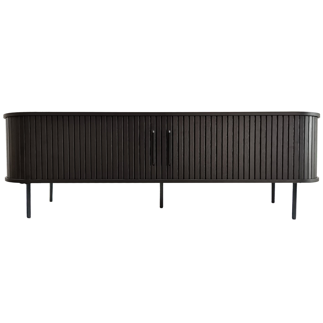 Aaron 160cm Fluted TV Unit - Black features a sleek, matte black finish with tambour-style slatted doors, slim vertical handles, and stands on slender metal legs, embodying modern elegance and functionality.