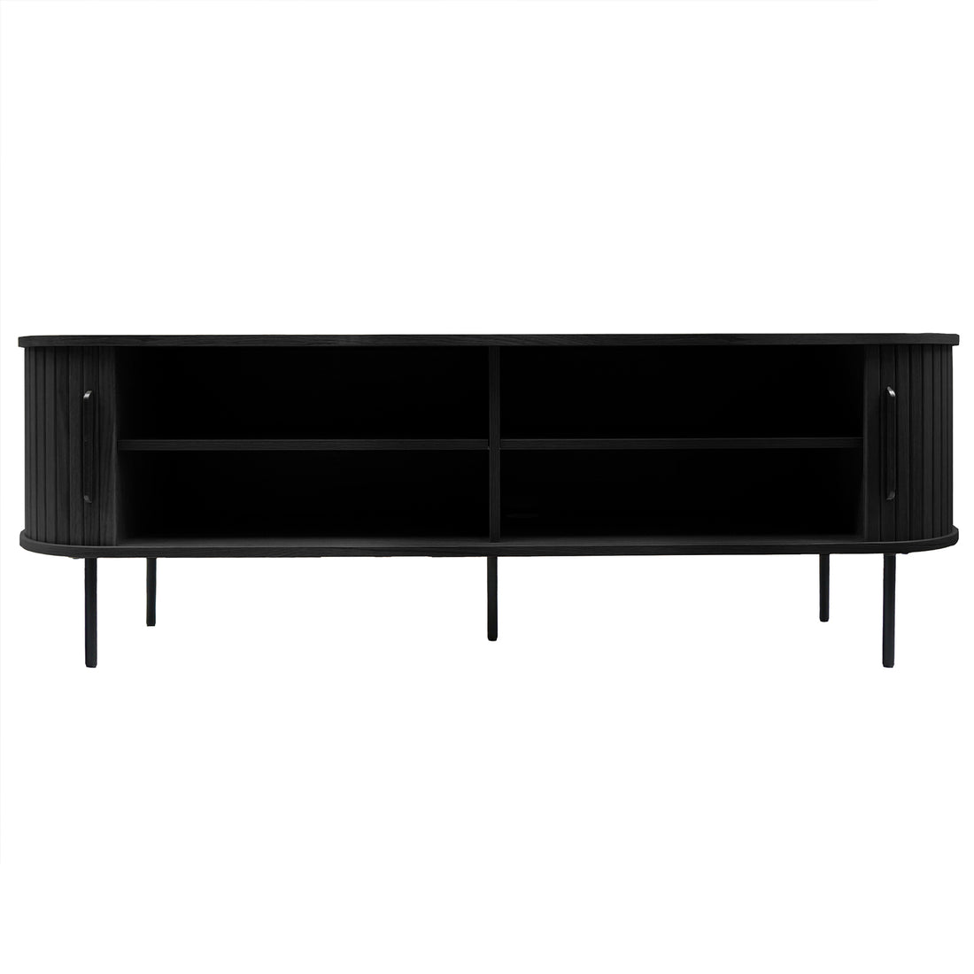Aaron 160cm Fluted TV Unit - Black: A sleek media console featuring curved tambour doors, open center compartments, and slim legs, perfect for modern living rooms with a sophisticated, minimalist design.