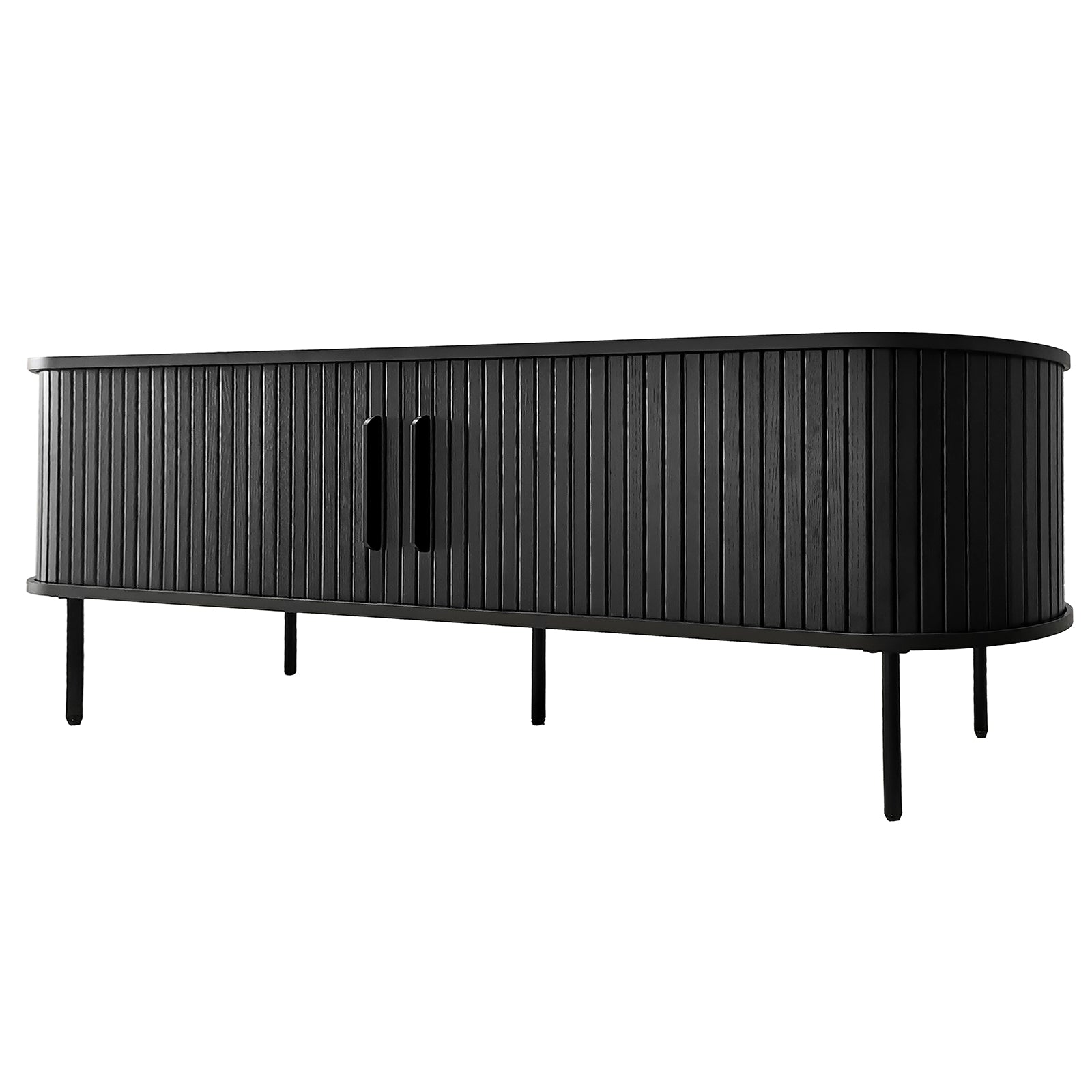 Aaron 160cm Fluted TV Unit - Black features a sleek, matte black finish with vertically ridged tambour-style doors, softly rounded ends, and six slender legs, offering a minimalist, modern aesthetic.