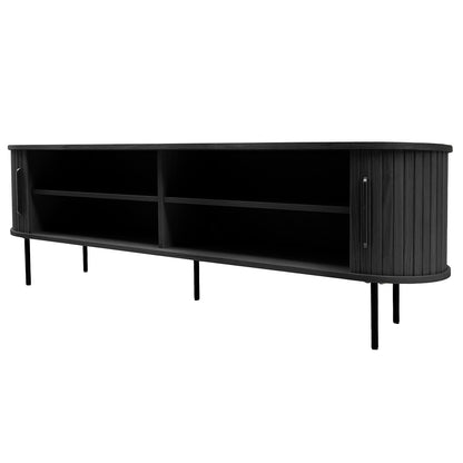 Aaron 160cm Fluted TV Unit - Black featuring a curved front, matte-black finish, tambour-style doors, open shelves, and slender metal legs. Ideal for modern interiors with built-in cable management.