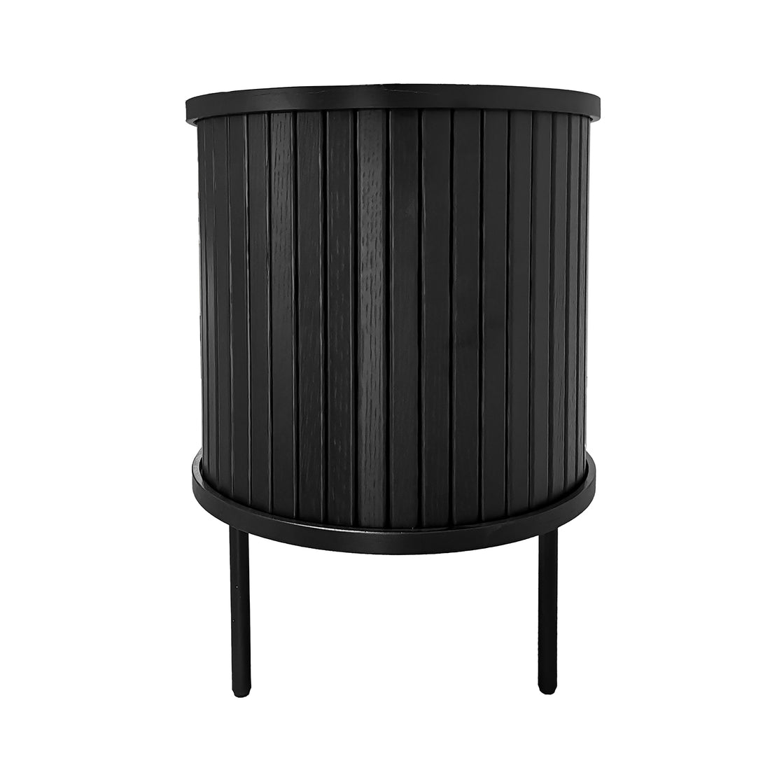 Aaron 160cm Fluted TV Unit - Black, featuring a sleek cylindrical design with vertical slats, resting on slender metal legs for a minimalist look, perfect for modern living rooms.