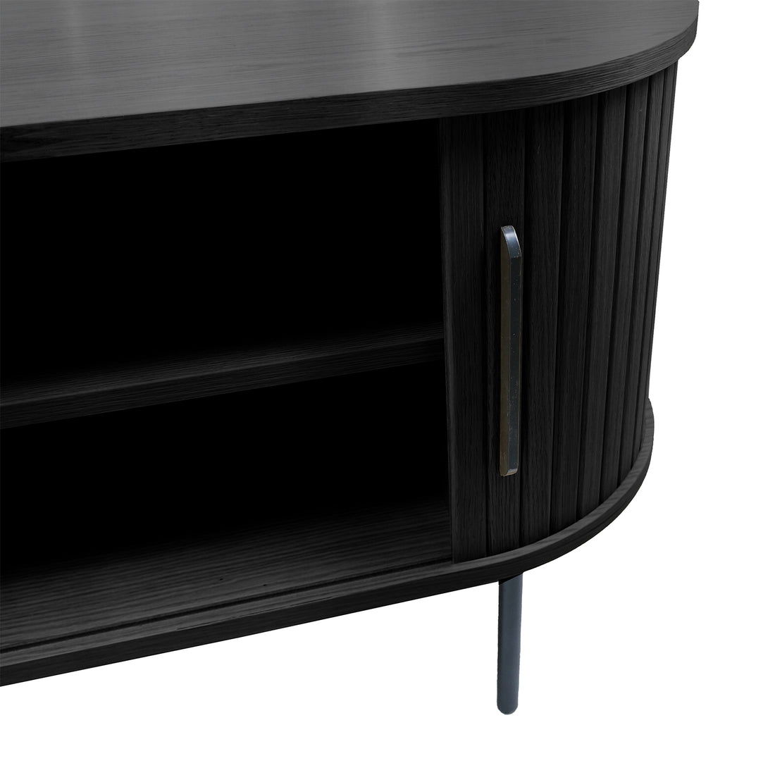 Aaron 160cm Fluted TV Unit - Black: Close-up of black wood-grain cabinet with rounded, fluted doors, slim vertical handle, open shelf, and slim metal legs, showcasing its modern, elegant design.