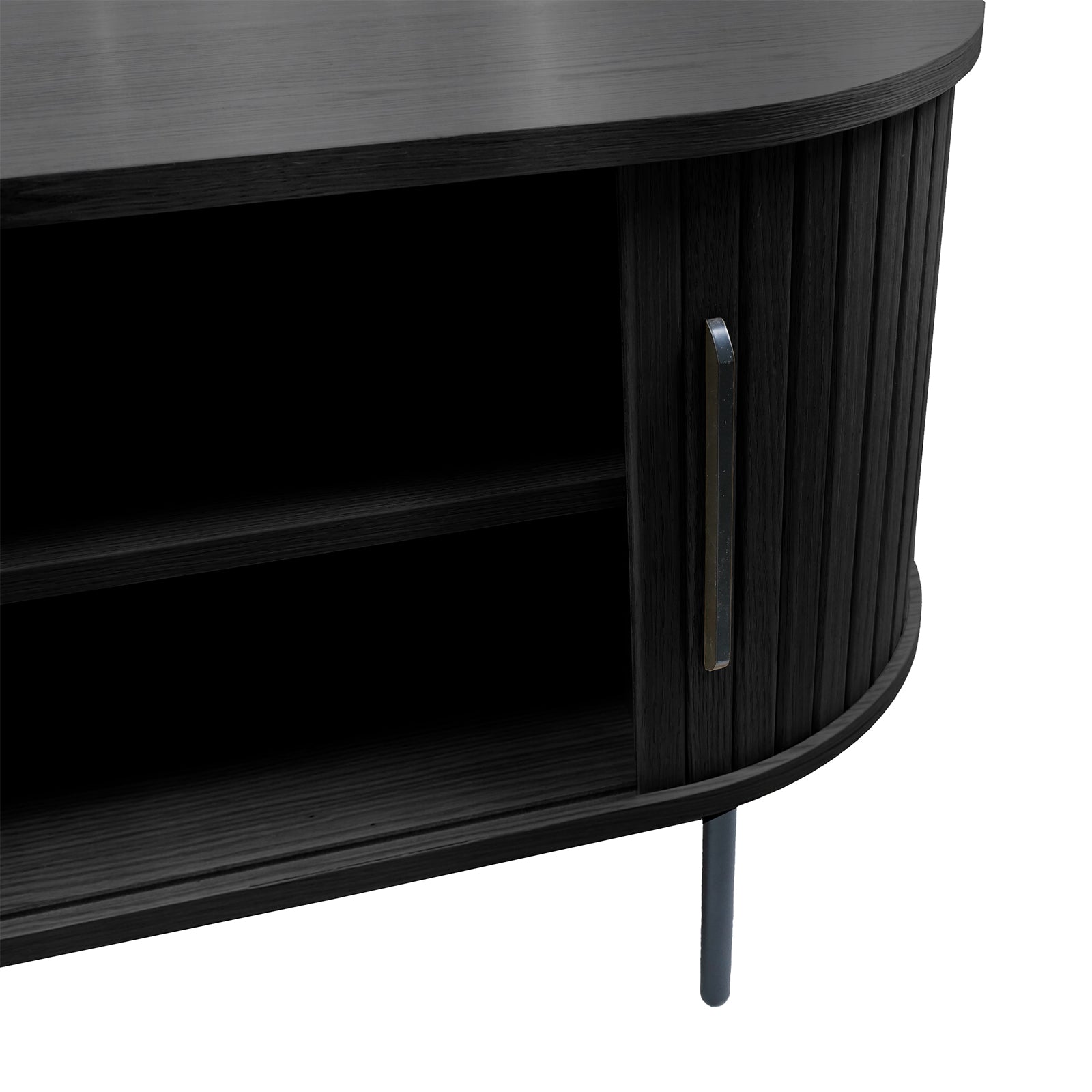 Aaron 160cm Fluted TV Unit - Black: Close-up of black wood-grain cabinet with rounded, fluted doors, slim vertical handle, open shelf, and slim metal legs, showcasing its modern, elegant design.