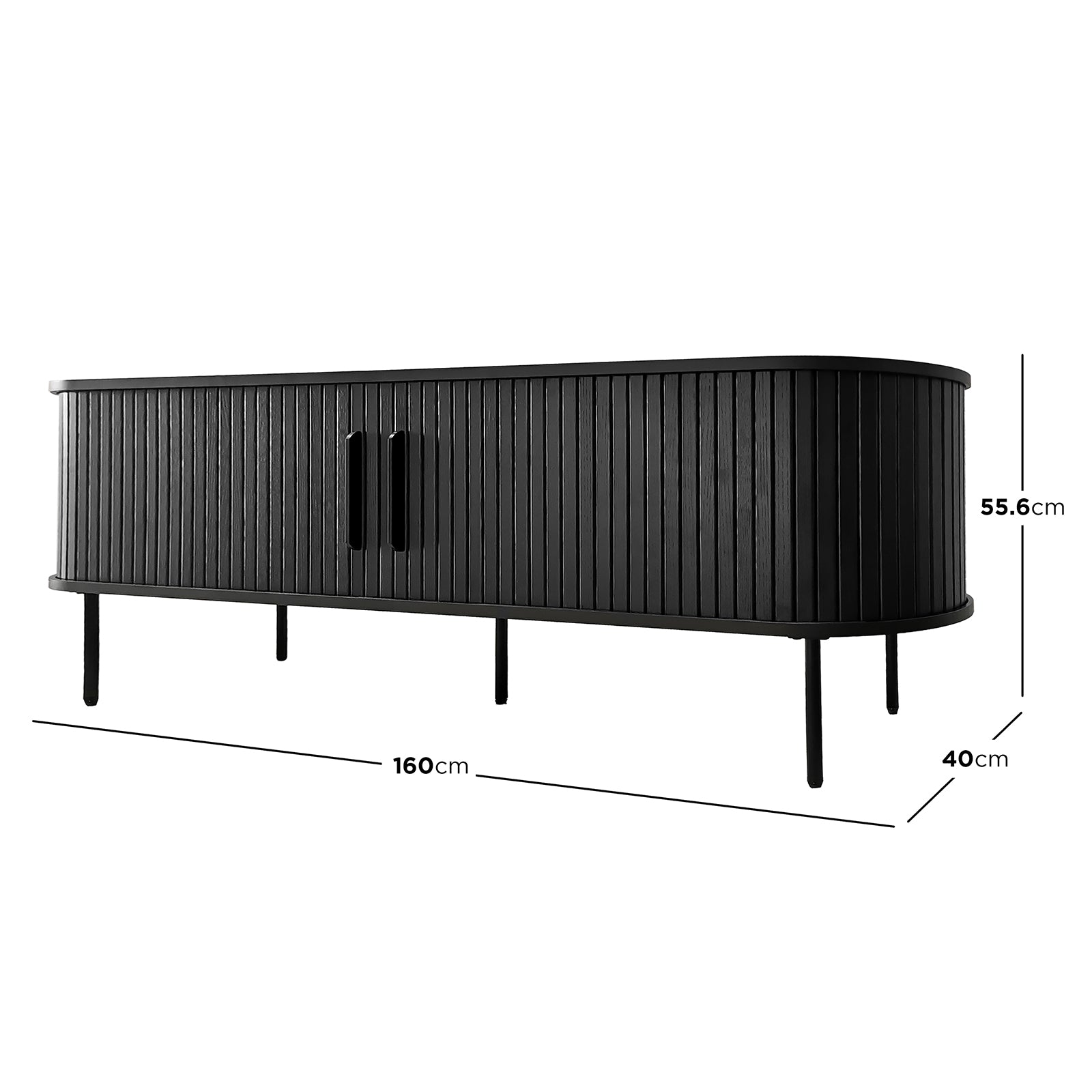 Aaron 160cm Fluted TV Unit - Black: A sleek, matte black sideboard with vertically slatted doors, rounded end, mounted on slim legs, measuring 160 cm wide, 40 cm deep, and 55.6 cm tall.