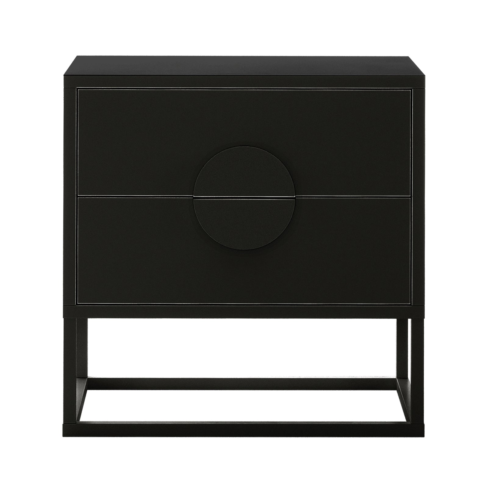 Abigail 55cm 2-Drawer Bedside Table – Black: Modern, matte black table with two spacious drawers featuring circular recessed handles, on an open-frame base, ideal for organized bedroom storage.