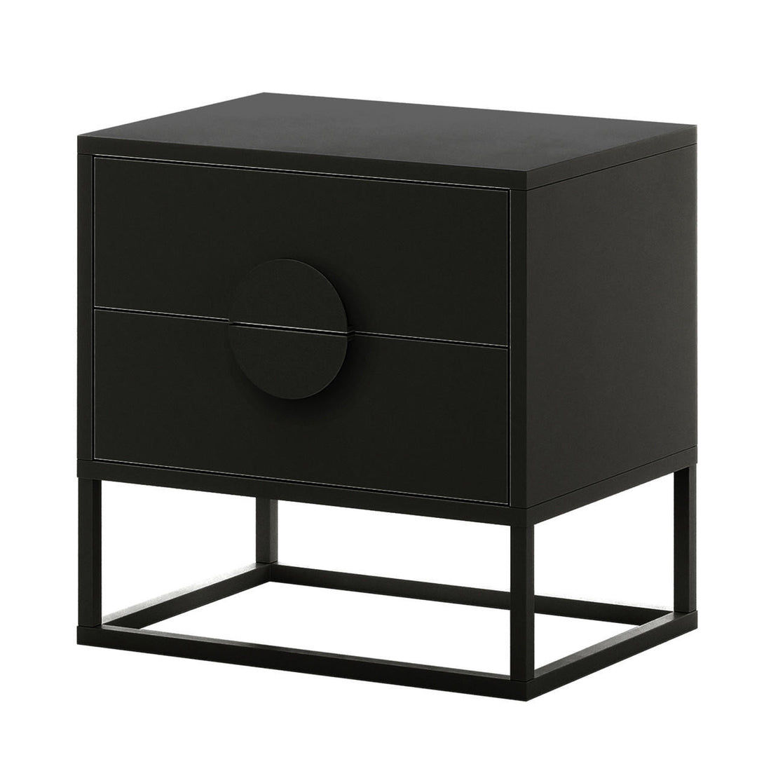 Abigail 55cm 2-Drawer Bedside Table with Handle in Black, featuring a sleek rectangular design, two drawers with circular pulls, and a minimal metal-frame base.