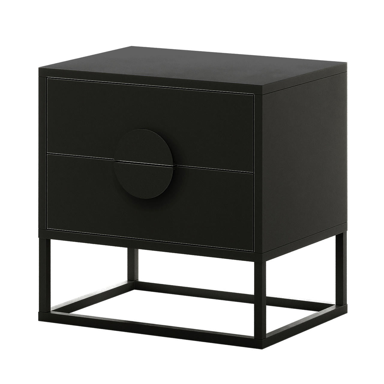 Abigail 55cm 2-Drawer Bedside Table with Handle in Black, featuring a sleek rectangular design, two drawers with circular pulls, and a minimal metal-frame base.
