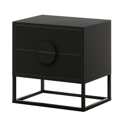 Abigail 55cm 2-Drawer Bedside Table with Handle in Black, featuring a sleek rectangular design, two drawers with circular pulls, and a minimal metal-frame base.