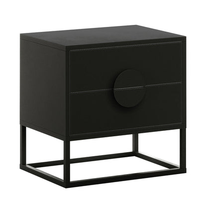 Abigail 55cm 2-Drawer Bedside Table w/ Handle - Black, featuring a matte black finish, large circular drawer pulls, and a simple metal base, offering modern elegance and practical storage.