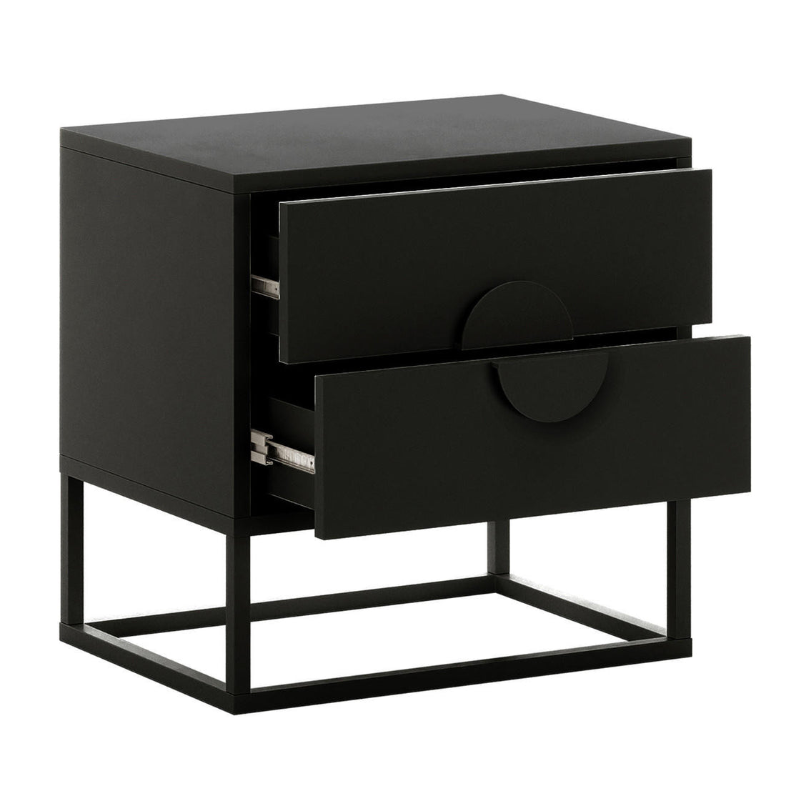 Abigail 55cm 2-Drawer Bedside Table w/ Handle - Black, featuring a modern matte black finish with slightly open drawers and semicircular cut-out handles, on a sleek metal frame base.