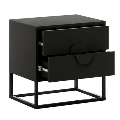 Abigail 55cm 2-Drawer Bedside Table w/ Handle - Black, featuring a modern matte black finish with slightly open drawers and semicircular cut-out handles, on a sleek metal frame base.