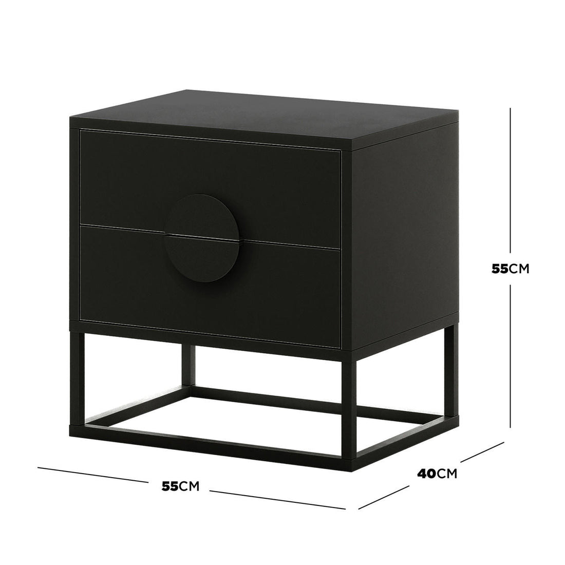 Abigail 55cm 2-Drawer Bedside Table w/ Handle - Black features a minimalist matte black design with two drawers and a central circular pull, set on a sleek open-frame metal base.