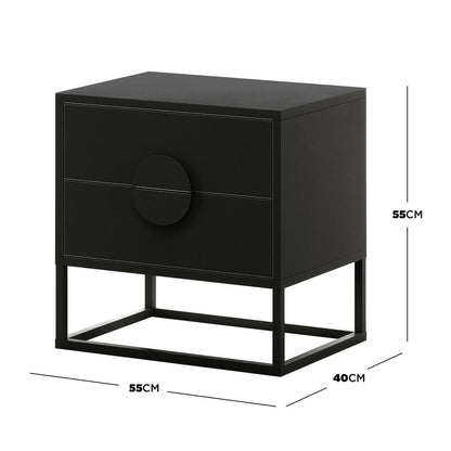 Abigail 55cm 2-Drawer Bedside Table w/ Handle - Black features a minimalist matte black design with two drawers and a central circular pull, set on a sleek open-frame metal base.
