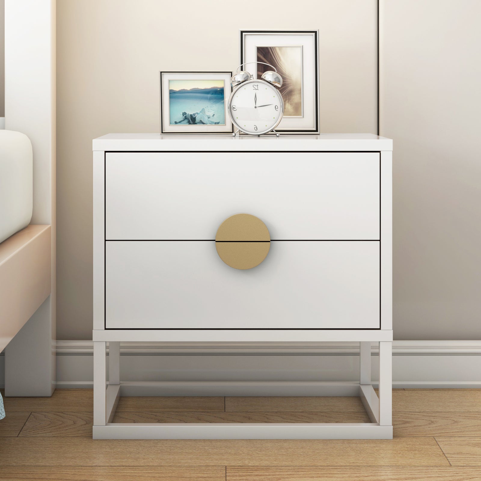 Abigail 55cm 2 Drawer Bedside Table w/ Gold Handle - White - Lifestyle