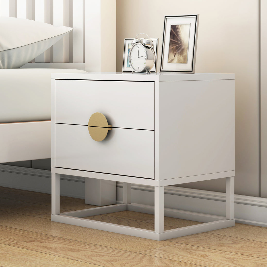 Abigail 55cm 2 Drawer Bedside Table w/ Gold Handle - White - Lifestyle