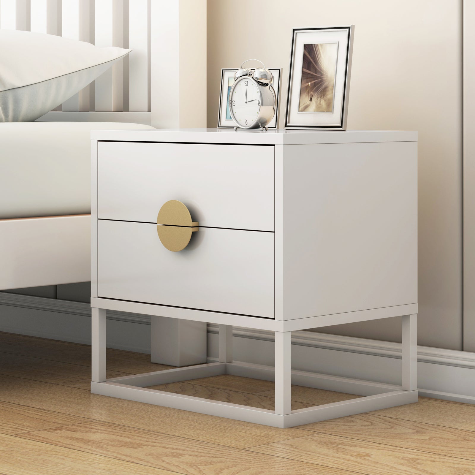 Abigail 55cm 2 Drawer Bedside Table w/ Gold Handle - White - Lifestyle