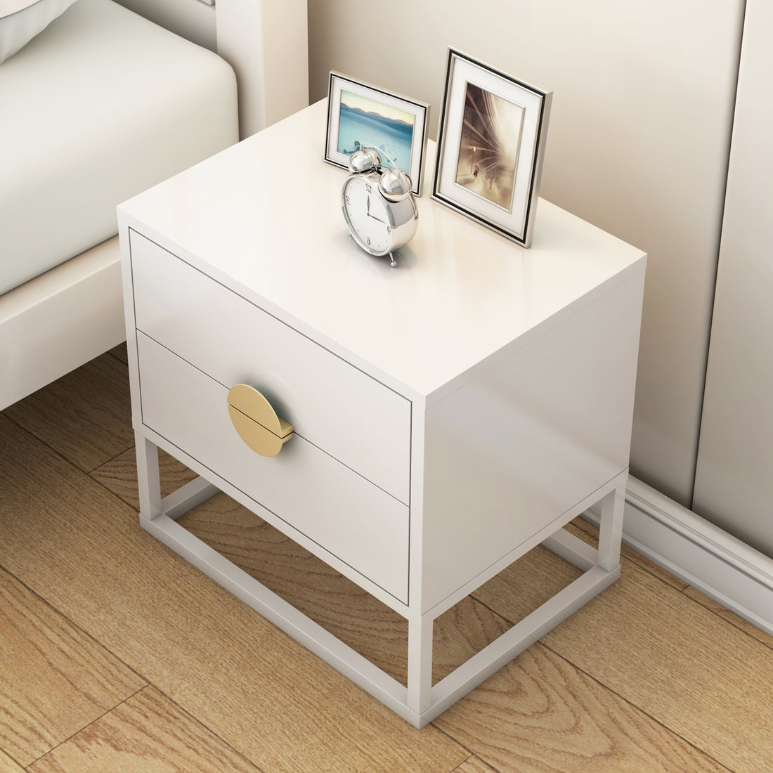 Abigail 55cm 2 Drawer Bedside Table w/ Gold Handle - White - Lifestyle