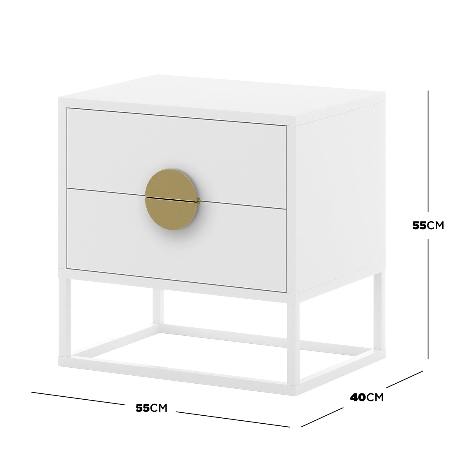 Abigail 55cm 2 Drawer Bedside Table w/ Gold Handle - White