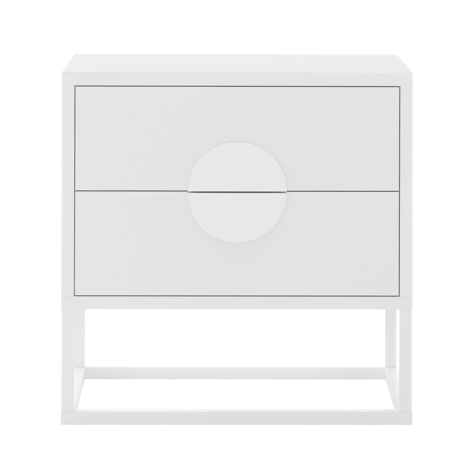 Abigail 55cm 2-Drawer Bedside Table w/ Handle - White; minimalist design with two central drawers, circular handle detail, raised on a rectangular metal frame, ideal for contemporary and minimalist interiors.
