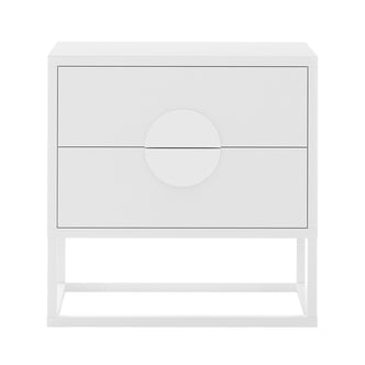 Abigail 55cm 2-Drawer Bedside Table w/ Handle - White; minimalist design with two central drawers, circular handle detail, raised on a rectangular metal frame, ideal for contemporary and minimalist interiors.