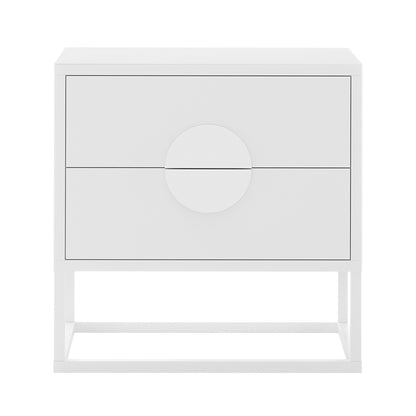 Abigail 55cm 2-Drawer Bedside Table w/ Handle - White; minimalist design with two central drawers, circular handle detail, raised on a rectangular metal frame, ideal for contemporary and minimalist interiors.