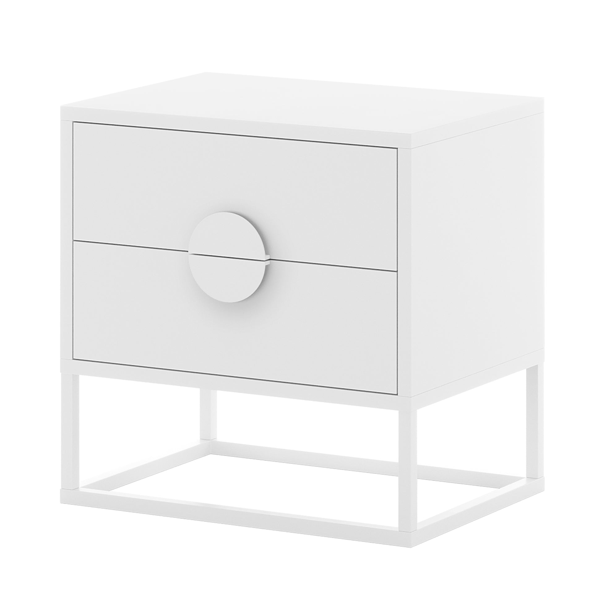 Abigail 55cm 2-Drawer Bedside Table w/ Handle - White; features a sleek, modern design with two spacious drawers, circular pull handles, and a sturdy metal base, perfect for stylish bedroom storage.