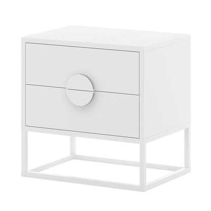 Abigail 55cm 2-Drawer Bedside Table w/ Handle - White; features a sleek, modern design with two spacious drawers, circular pull handles, and a sturdy metal base, perfect for stylish bedroom storage.