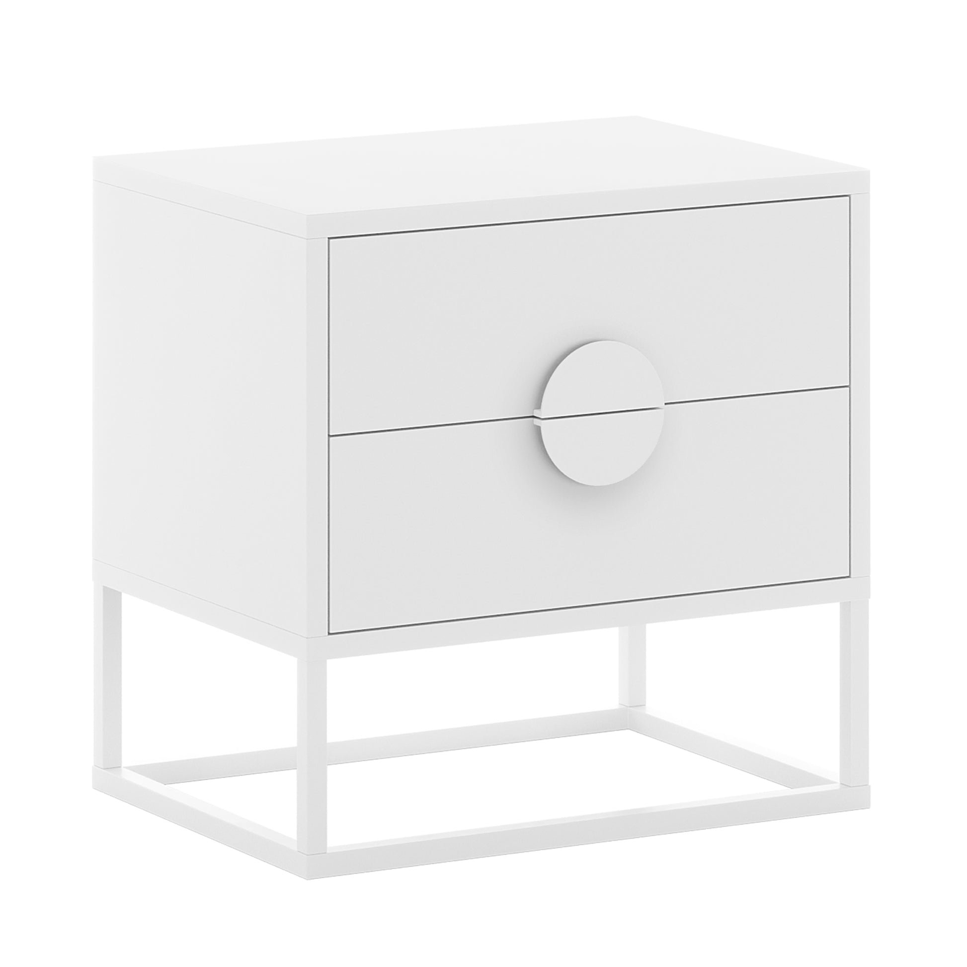 Abigail 55cm 2-Drawer Bedside Table w/ Handle - White: A modern, all-white nightstand with two drawers featuring central round pulls, resting on a minimalist square-tube frame. Ideal for elegant, organized bedrooms.