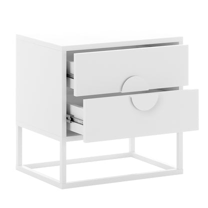 Abigail 55cm 2-Drawer Bedside Table w/ Handle - White features a sleek, modern design with two drawers, half-circle cut-out handles, and a minimalist open metal frame base.