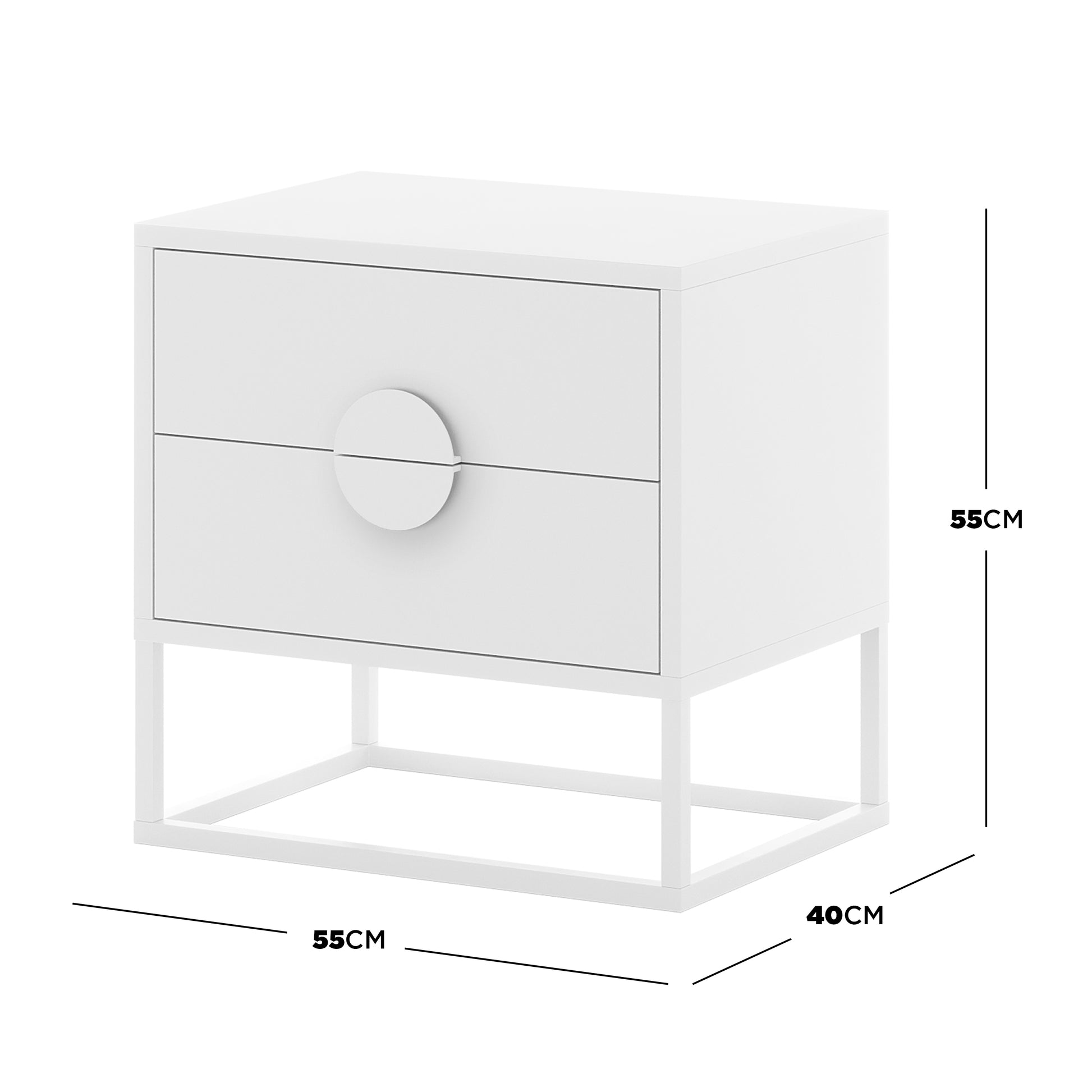 Abigail 55cm 2-Drawer Bedside Table w/ Handle - White, features a modern design with two drawers on a metal base, each opened by a central circular pull, measuring 55x40x55 cm.