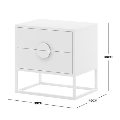 Abigail 55cm 2-Drawer Bedside Table w/ Handle - White, features a modern design with two drawers on a metal base, each opened by a central circular pull, measuring 55x40x55 cm.
