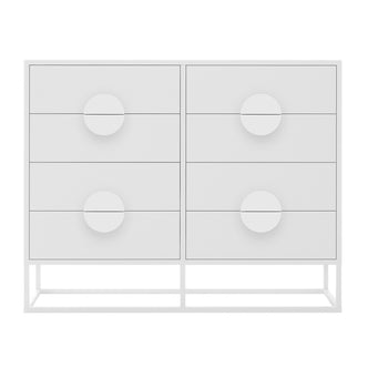 Abigail 120cm Lowboy Dresser with Drawers - White, featuring a minimalist design with six drawers, oversized circular half-moon handles, and a sleek metal base for elevated elegance.
