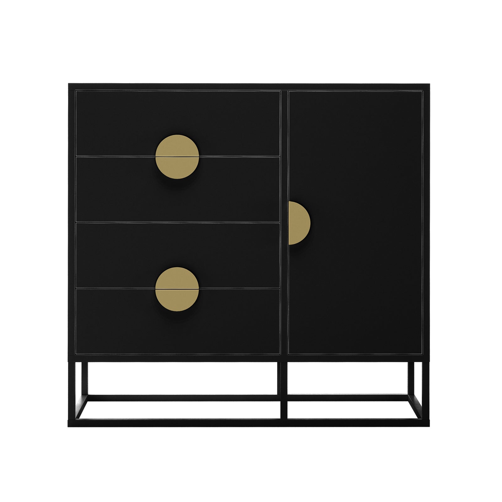 Abigail 100cm Sideboard Buffet with Gold Handle - Black features three drawers and a door with brass-colored pulls, all set on a minimalist black metal frame for modern elegance.