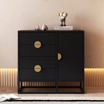 Abigail 100cm Sideboard Buffet with Gold Handle - Black; a chic, modern cabinet featuring three drawers, a cupboard, and elegant brass-colored pulls, styled with headphones, books, and a sculptural figure on top.