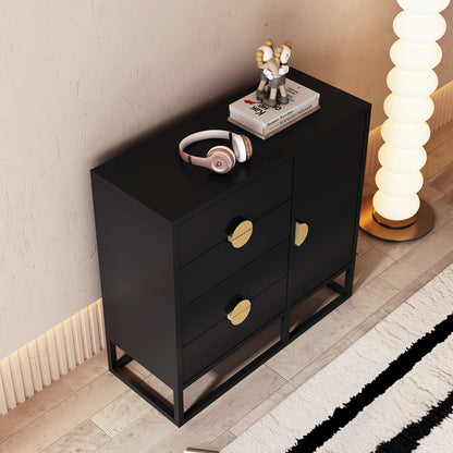 Abigail 100cm Sideboard Buffet with Gold Handle - Black, featuring matte-black finish, three drawers, a cabinet, rose-gold headphones, books, a figurine, and adjacent to a glowing orb floor lamp.