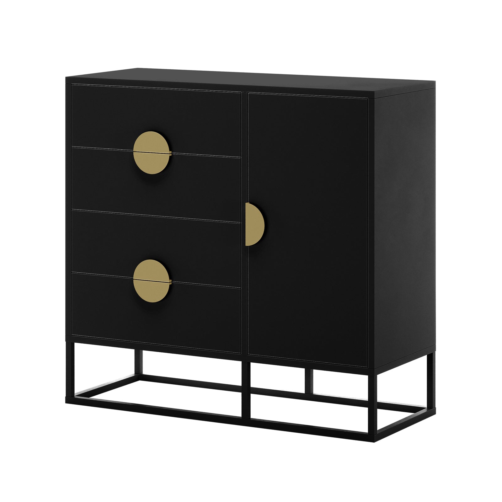 Abigail 100cm Sideboard Buffet with Gold Handle - Black features a matte black finish, three drawers, a door with shelving, and oversized gold-tone disc handles on a geometric black metal frame.
