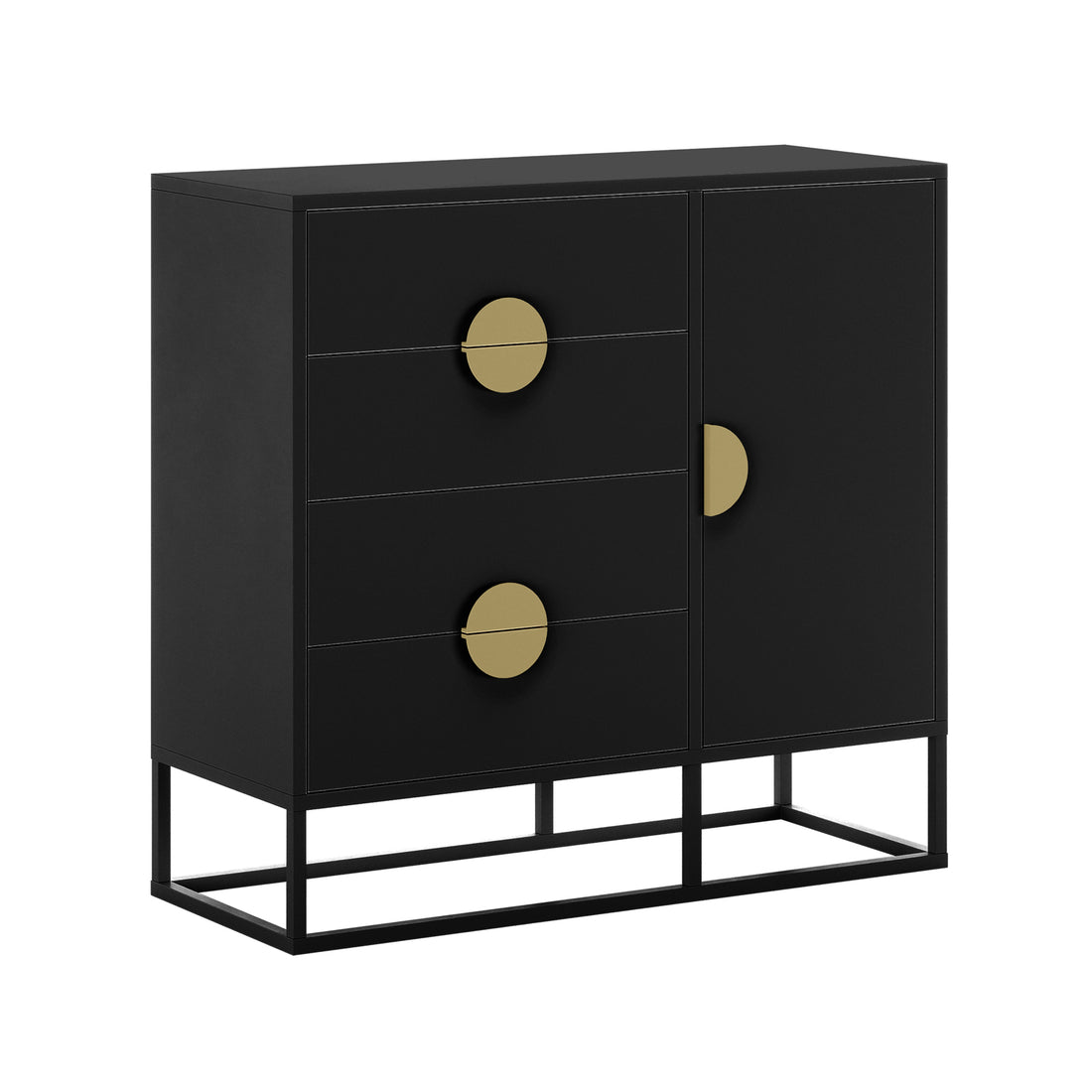 Abigail 100cm Sideboard Buffet with Gold Handle - Black, featuring three drawers and a single-door compartment, accented with large brass pulls, on a minimalist open-frame metal base.