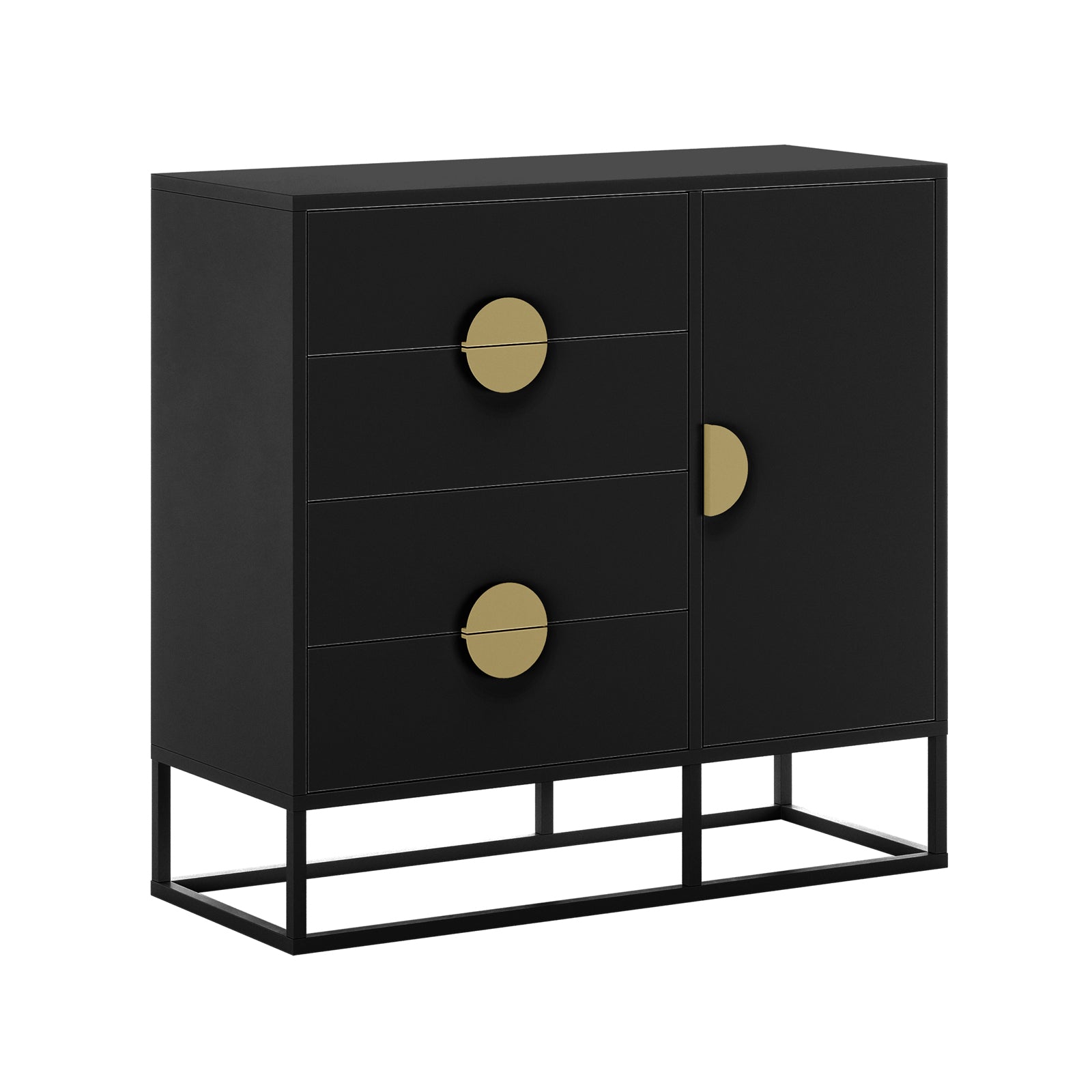Abigail 100cm Sideboard Buffet with Gold Handle - Black, featuring three drawers and a single-door compartment, accented with large brass pulls, on a minimalist open-frame metal base.
