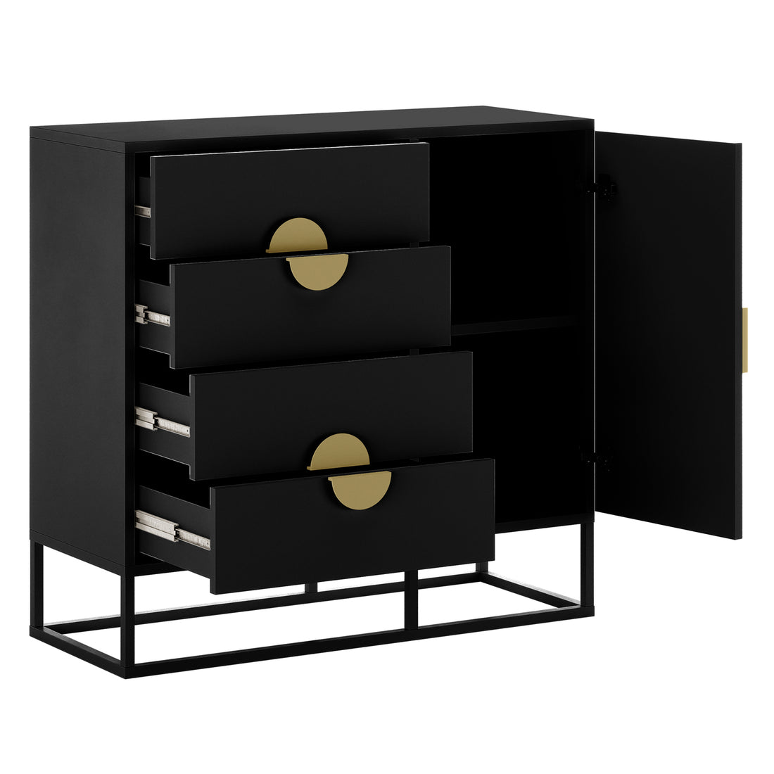 Abigail 100cm Sideboard Buffet with Gold Handle - Black features a modern design with four drawers and a hinged door on a metal frame, showcasing partial openings and a shelf inside.