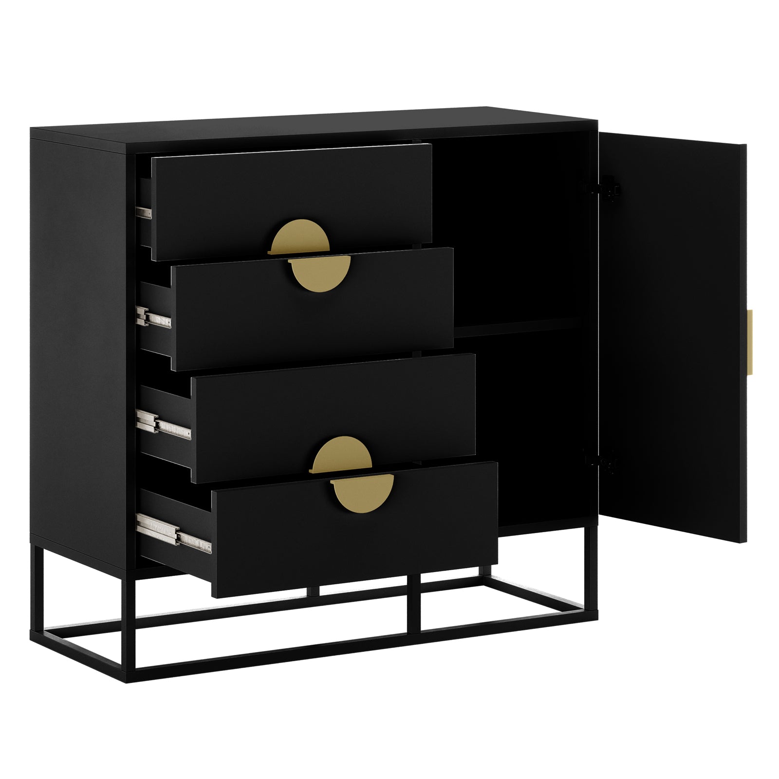 Abigail 100cm Sideboard Buffet with Gold Handle - Black features a modern design with four drawers and a hinged door on a metal frame, showcasing partial openings and a shelf inside.