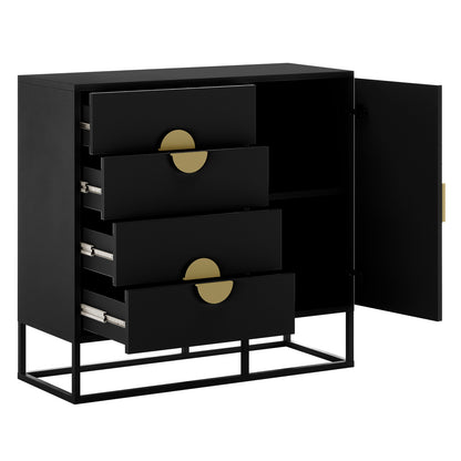 Abigail 100cm Sideboard Buffet with Gold Handle - Black features a modern design with four drawers and a hinged door on a metal frame, showcasing partial openings and a shelf inside.