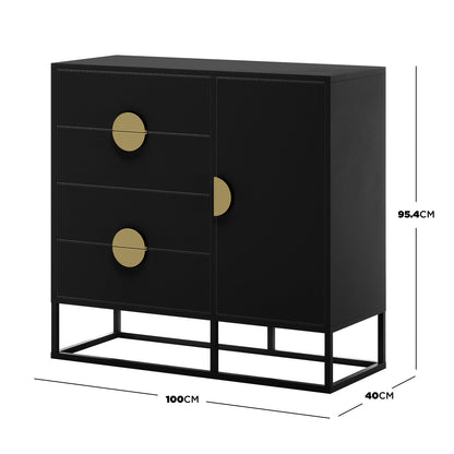 Abigail 100cm Sideboard Buffet with Gold Handle - Black, featuring a matte-black finish, three drawers with brass pulls, and a door on a sleek black metal sled base.