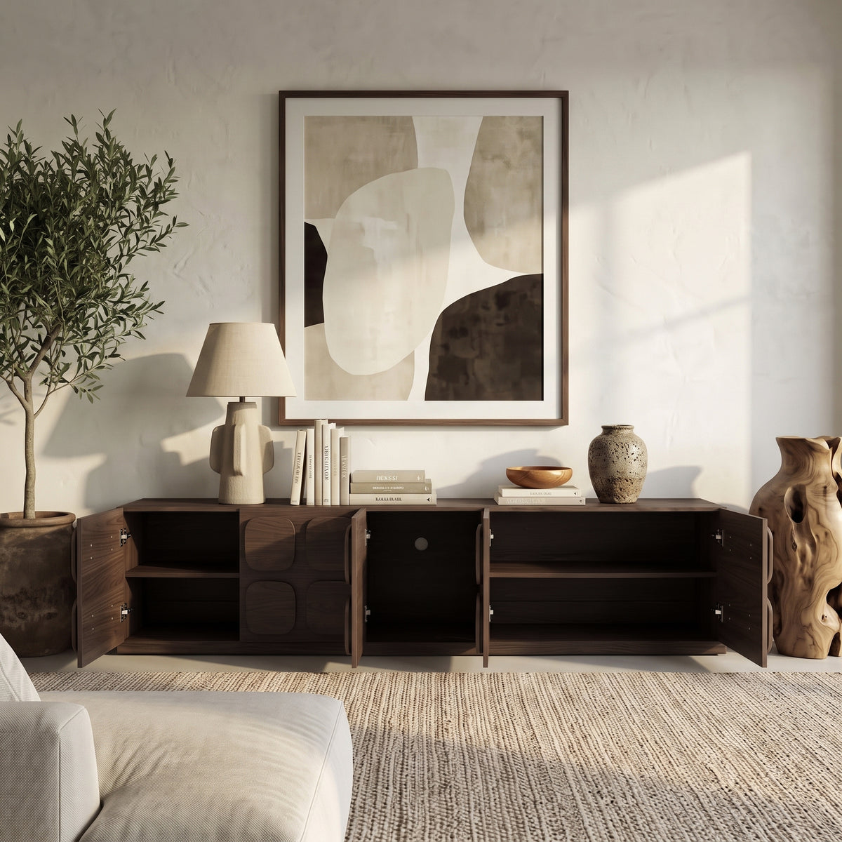 Adrian 220cm Storage TV Unit in Walnut styled in a room setting
