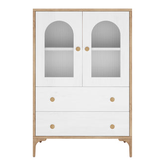 Afra 80cm Buffet Cabinet with Glass Doors, featuring white panels, natural wood trim, ribbed glass doors, two drawers, and short curved legs, offers stylish storage for dining spaces.