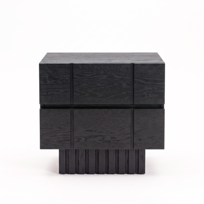 Modern black wooden nightstand shown in full on a white background