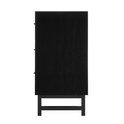 Anderson 160cm fluted sideboard buffet in black with timber grain detailing and black metal legs, side view