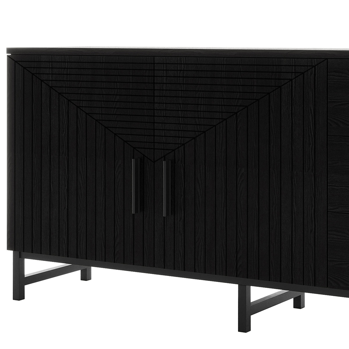 Black fluted sideboard buffet with geometric chevron pattern doors, matte black handles, and black metal legs, 160cm